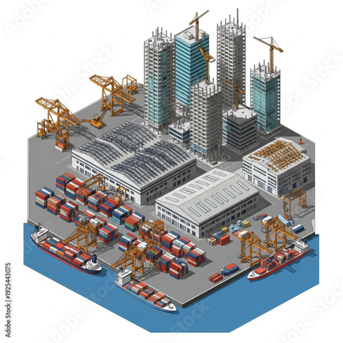Isometric illustration of a bustling industrial port with cargo ships and cranes.