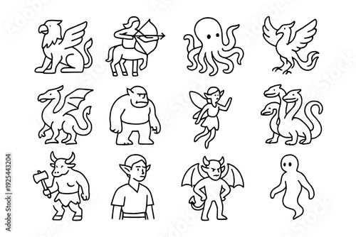 Mythical creatures collection in minimalist line art