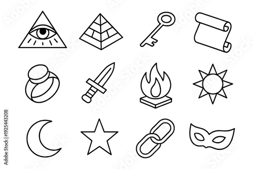 Mystical icon set featuring ancient symbols in outline design