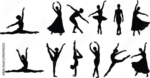 Ballet and contemporary dance silhouette collection featuring elegant dancer poses and jumps isolated for performance, choreography practice and artistic movement illustration