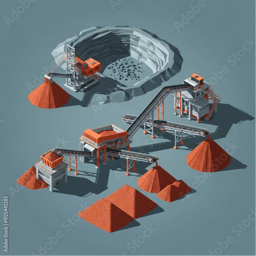 Industrial mining facility with conveyor belts and ore piles.
