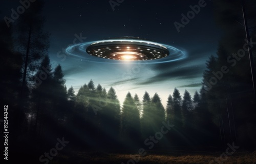 UFO hovers over forest at night with bright lights in sky and trees in silhouette Generative AI