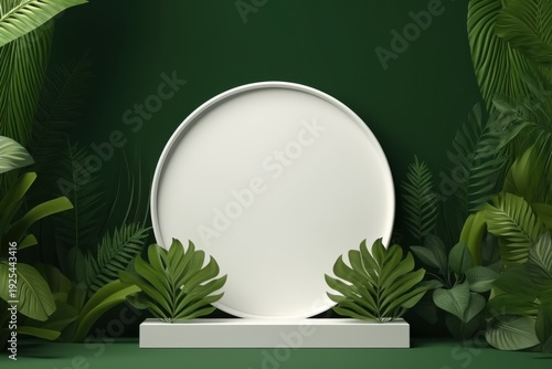 Display setup with round white plate and green plants in a modern space during daytime near a neutral backdrop Generative AI