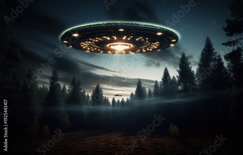 UFO hovers over forest with lights on at night while beams shine down on the ground Generative AI