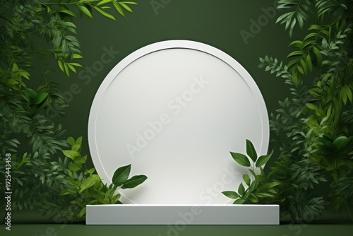Display stand with white circular backdrop and green leaves arranged along the sides in a simple indoor setup Generative AI