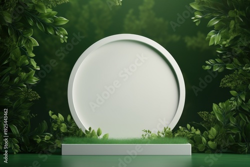 Design space with round blank sign surrounded by green foliage in a studio setting for display purposes Generative AI