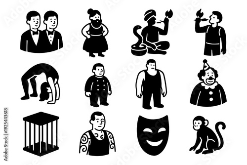 Vintage circus characters silhouette icons with performers, animals, masks, and entertainers