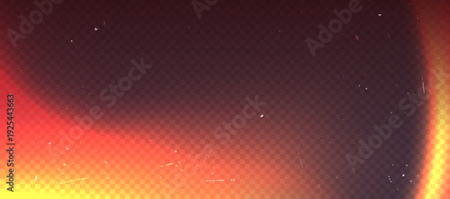 Film lens effect on black transparent background and burn red orange colors. Camera leak filter and light overlay effect for mobile photo, lens flare bokeh png bg, gritty noise texture.