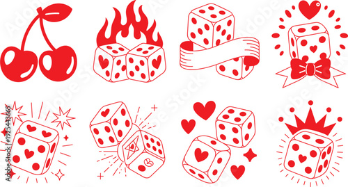 Dice illustration, lucky symbols, red artwork, flame dice, heart dice, crown dice, cherries design, motion lines, sparkles, gambling theme, stylized