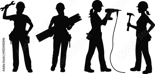 Female construction worker silhouette illustration set, hard hat, tool belt, wrench, hammer, drill, plank, gender diversity labor concept