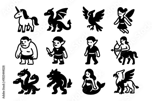 Silhouette fantasy creatures collection: unicorns, dragons, fairies, and myths