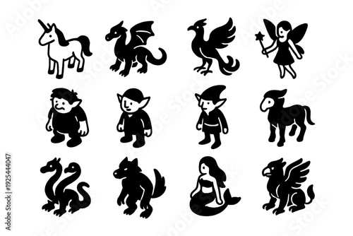 Silhouette fantasy creatures: unicorns, dragons, fairies, and more