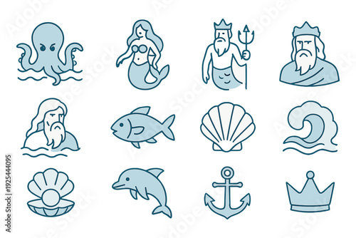 Nautical icons featuring poseidon, mermaid, and ocean creatures in blue outline style