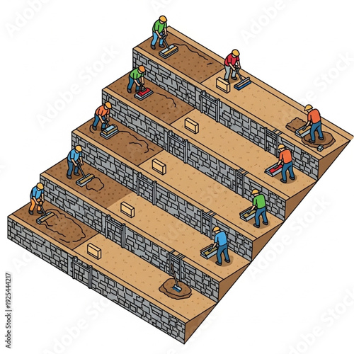 Construction workers building a multi-level stone structure.