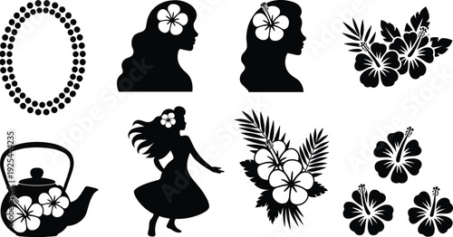 Hibiscus flower silhouettes, tropical culture vector, Hawaiian hula dancer icons, floral necklace i