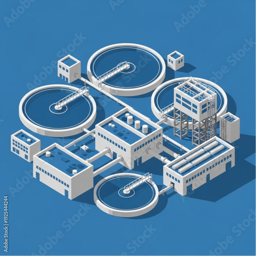 Isometric illustration of a water treatment plant with tanks and buildings.