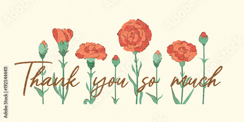 Background or Banner with Red Carnations and Congratulatory Text Grunge Texture in Vintage Retro Style. Cute Floral Greeting Card with Symbol for Mothers Day Women's Day, Birthday. Vector Illustration
