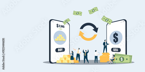 People buy and sell gold using mobile phones. Features gold bars, stacks of coins, and cash with a circular exchange arrow. Focuses on digital investment and wealth management.