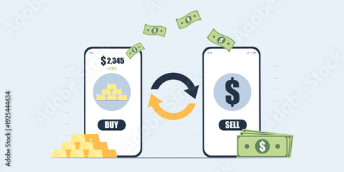 A flat digital artwork of a mobile app for trading gold. Features two smartphones with "Buy" and "Sell" buttons, gold bars, stacks of cash, and circular arrows representing exchange.