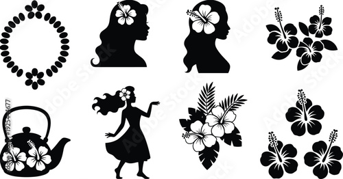 ibiscus flower silhouette illustration set, tropical lei necklace, female profile, teapot design, bouquet, cultural art, Hawaiian floral concept