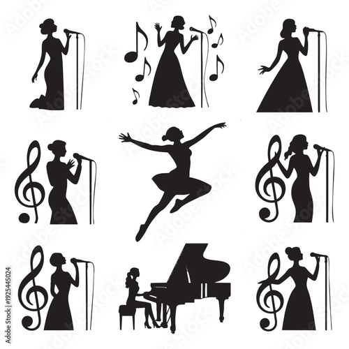 Black silhouettes of women singing dancing and playing piano with musical notes and symbols