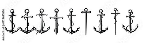 Nautical anchor vector set with vintage marine rope and ship equipment elements