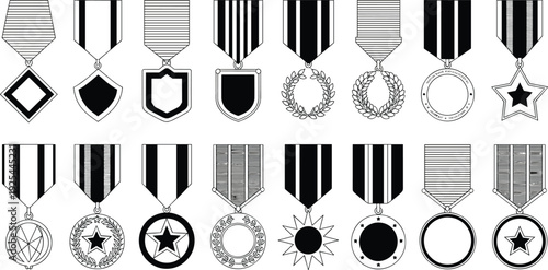Military medals, achievement awards, honor badges, ceremonial decorations, victory symbols, recognition, star medals, shield designs, ribbon styles, honor collection, achievement showcase