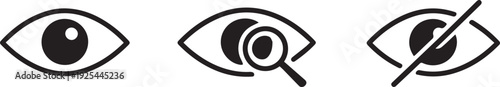Eye Icons Set. See and Unsee Symbols, Magnifier with Eye, Retina Scan and Eyesight Collection Vector Illustratio