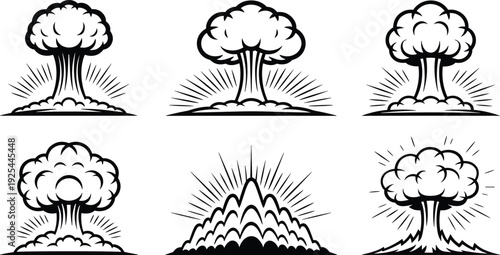 Mushroom cloud silhouettes, explosion vector illustration, nuclear blast icons, destructive power graphics, impact burst art, dramatic explosion silhouettes collection