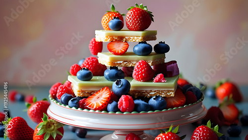  A close-up of a tiered dessert featuring white chocolate squares interleaved with fresh berries, set on a white‑and‑red dessert stand against a softly blurred pastel, 8k image