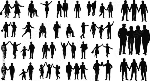 People silhouettes, couples walking, friends interaction, family figures, human connection, social dynamics, holding hands, group silhouettes, black illustration, relationship concept, unity