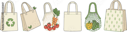 Row of eco friendly reusable shopping bags with recycle symbol and fresh vegetables for sustainable grocery lifestyle concept