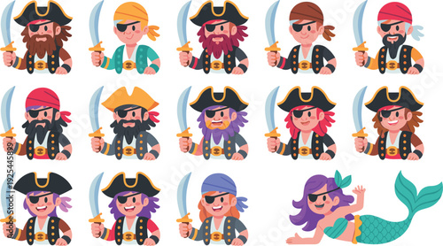 Pirate characters, cartoon illustration, sword holding, pirate hats, eye patch, bandana, mermaid character, children puzzle, spot difference, group activity, fun