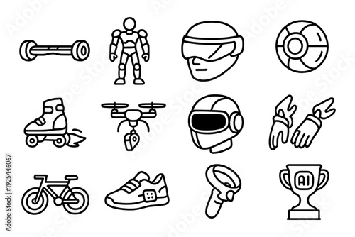 Futuristic sports and technology icons in linear style