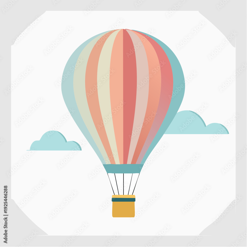 Fototapeta premium Colorful hot air balloon with a basket flying in the sky with clouds, flat design vector illustration