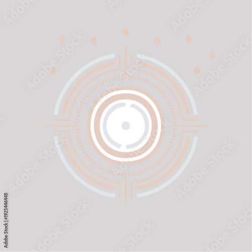 Futuristic circular interface element with abstract geometric target design on a gray background