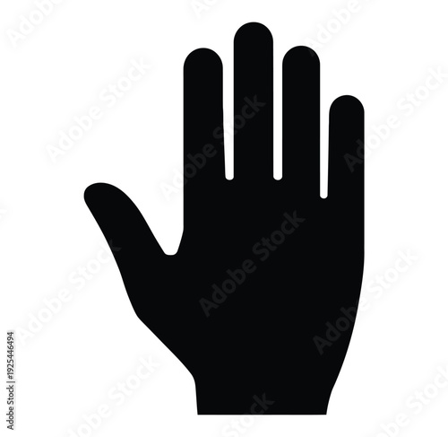 A black hand icon with palm facing forward on white