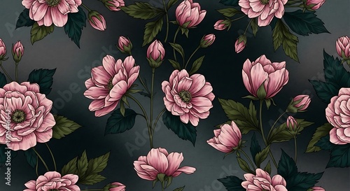 Pink flowers with green leaves bloom on a dark, gradient background.