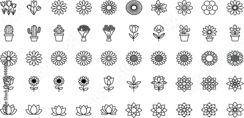 Floral Outline Icon Set with Flowers Bouquets and Potted Plants Line Art Collection for Spring Botanical Design Wedding Invitations and Decorative Vector Elements