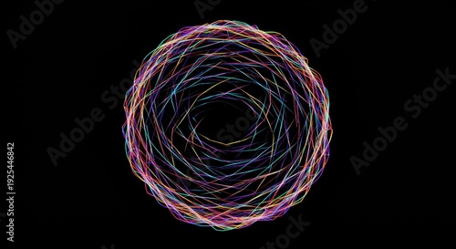 Multicolored intricate lines form a glowing sphere against a deep black background