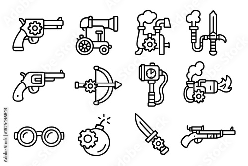 Steampunk weaponry icons: gear-driven guns, cannons, swords, and gadgets in linear style