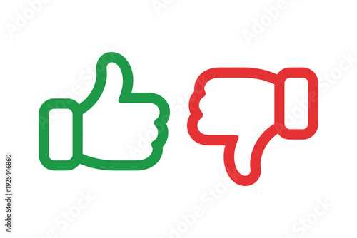 A green thumbs up and red thumbs down icon on white
