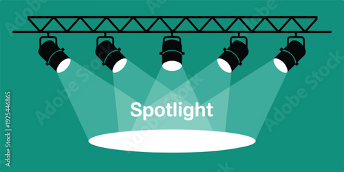 Fotografie A minimalist graphic design illustration of five black stage spotlights mounted on a black triangular truss against a solid turquoise background