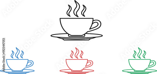 Hot Coffee Cup Line Icon Set with Steam on Saucer, Tea and Beverage Outline Symbol Collection for Cafe Menu Restaurant and Drink Design