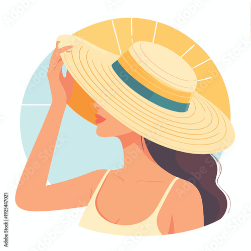 Woman wearing a sunhat and adjusting it in a serene outdoor setting