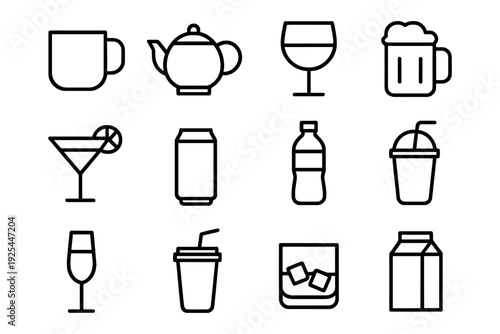 Minimalist beverage icon set: teapot, coffee mug, wine glass, and more