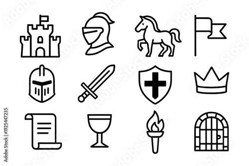 Medieval icons set featuring castle, knight helmet, horse, sword, and shield in linear design