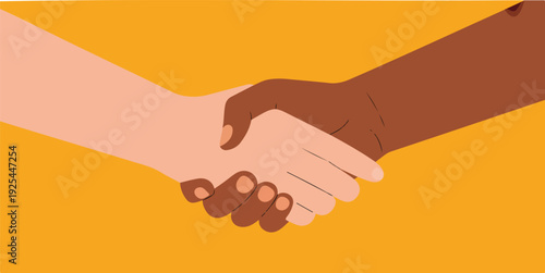 A minimalist illustration of a handshake on an orange background.