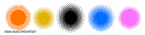 Pixel art halftone circles. Pixelated bursts, retro 8-bit dot pattern spheres and dotted gradient bubbles. Abstract digital mosaic round shapes, scattered squares radial texture vector set