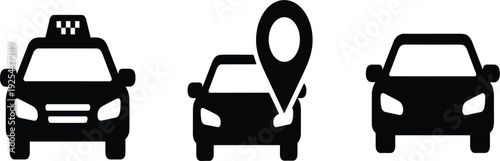 Taxi Car Icon Set with Location Pin and Transport Symbols, Ride Hailing Cab Service Vector Collection for Navigation Travel and Mobile App Design
